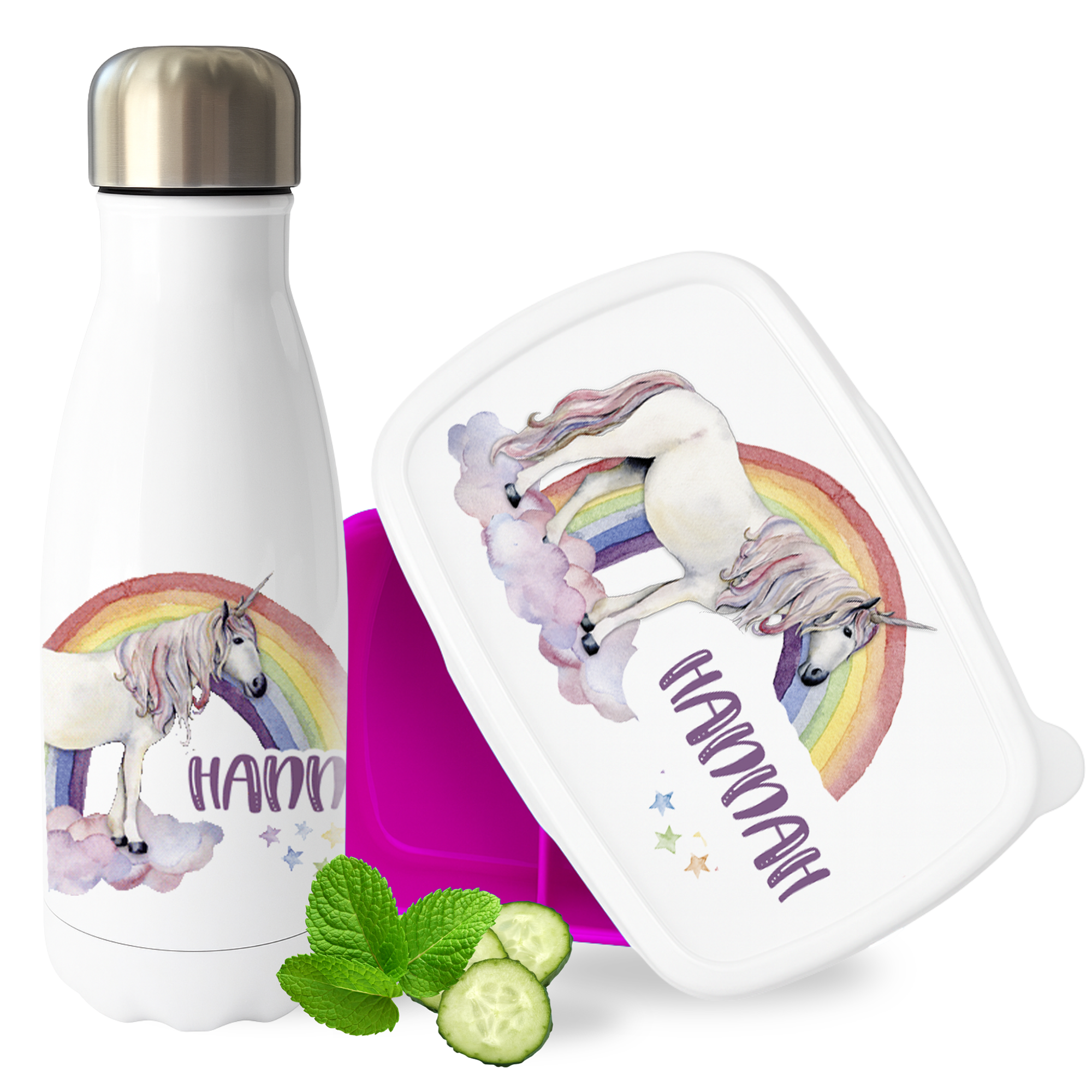 Wasserflasche und Lunchbox mit Einhorn-Motiv, bunt.