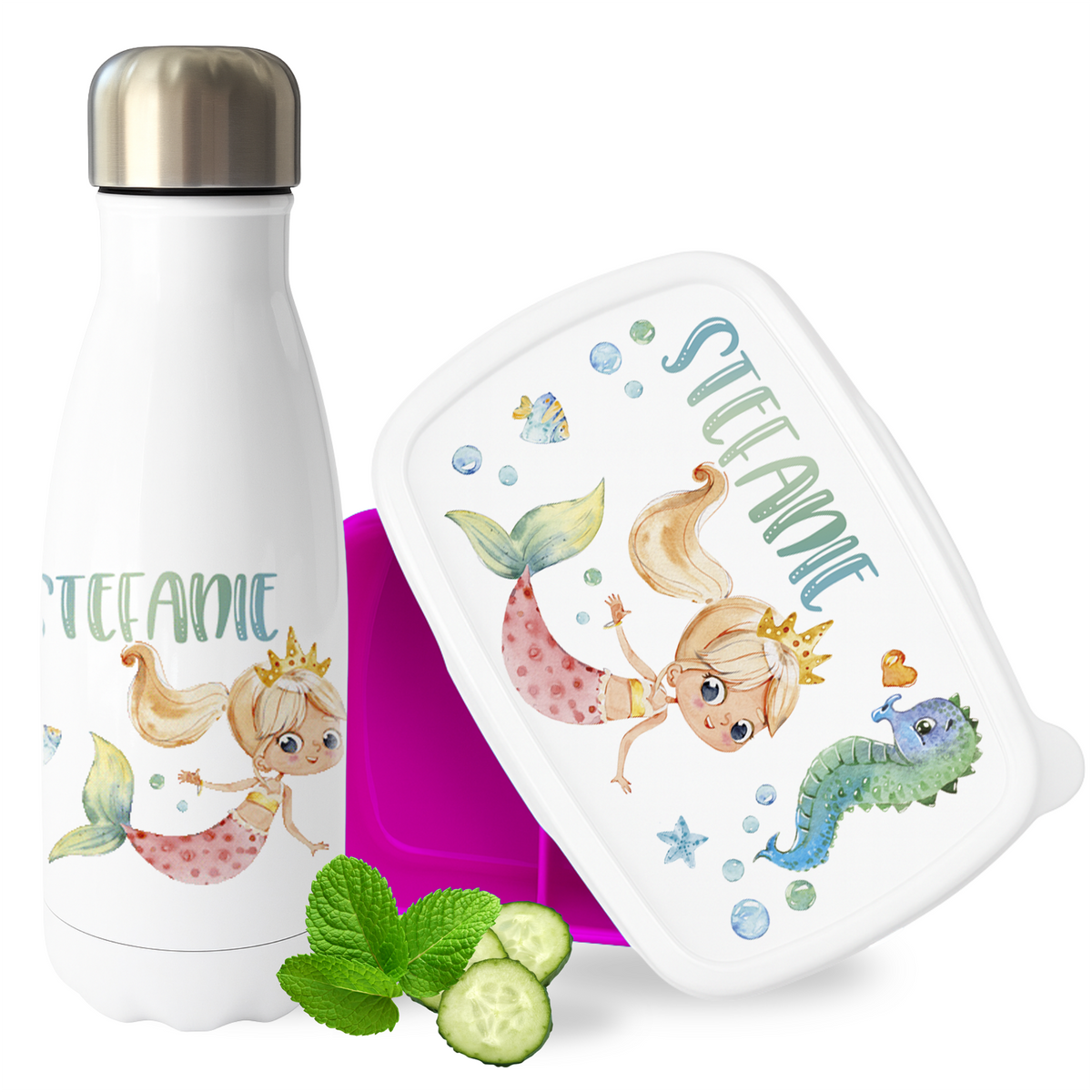 Mermaid-Trinkflasche und Lunchbox in Weiß und Pink.