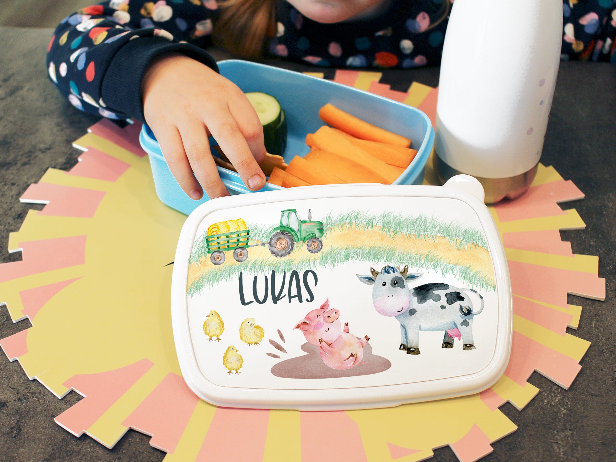 Bunte Brotdose mit Tiermotiven und dem Namen "Lukas".