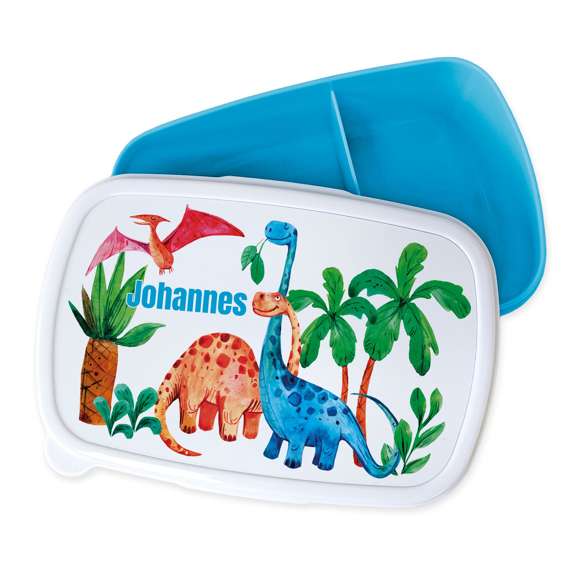 Lunchbox mit Dinosauriern, bunten Farben und Namen "Johannes".