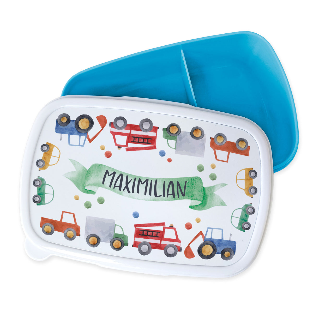 Bento-Box mit bunten Fahrzeugmotiven und blauem Deckel.