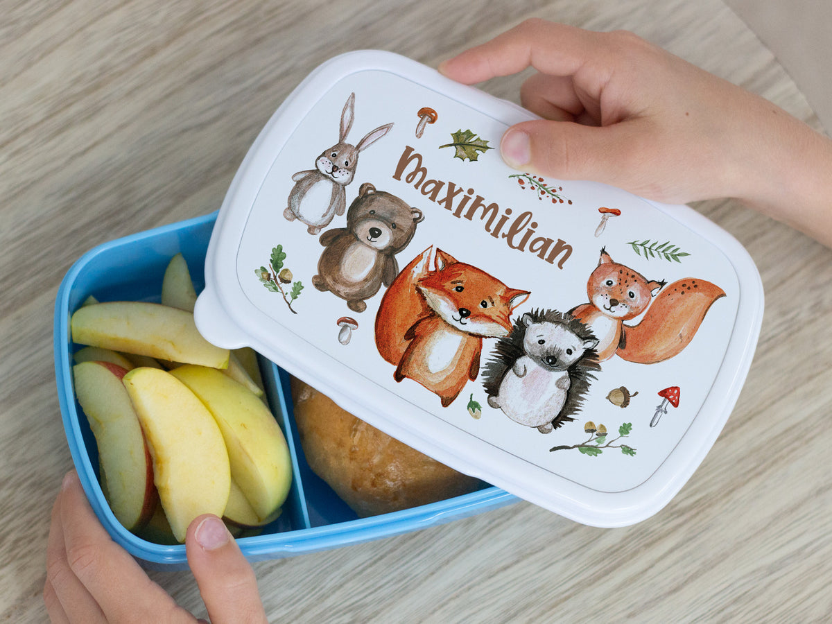 Bunte Brotdose mit Tieren, Äpfeln und Brötchen.
