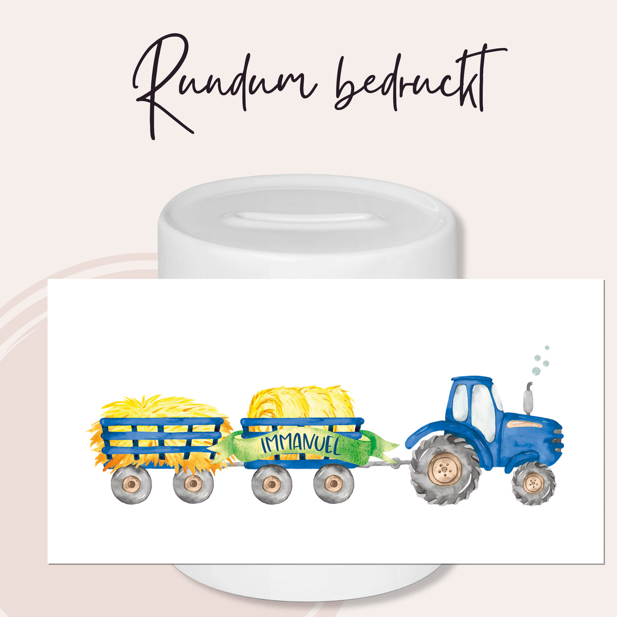 Blauer Traktor mit Heuwagen und gelben Heuballen.
