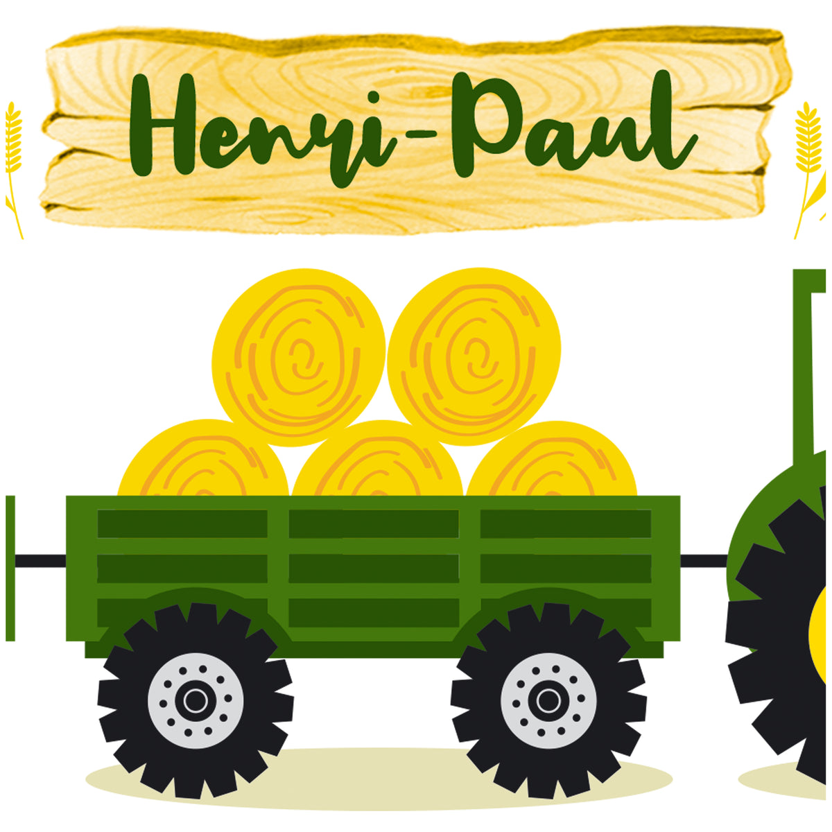 Grüner Wagen mit gelben Heuballen auf schwarzem Reifen.