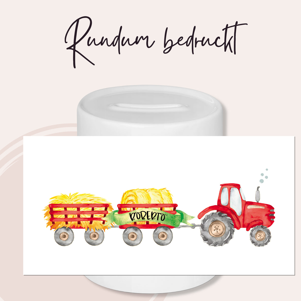 Roter Traktor mit Heuwagen und gelben Heuballen.