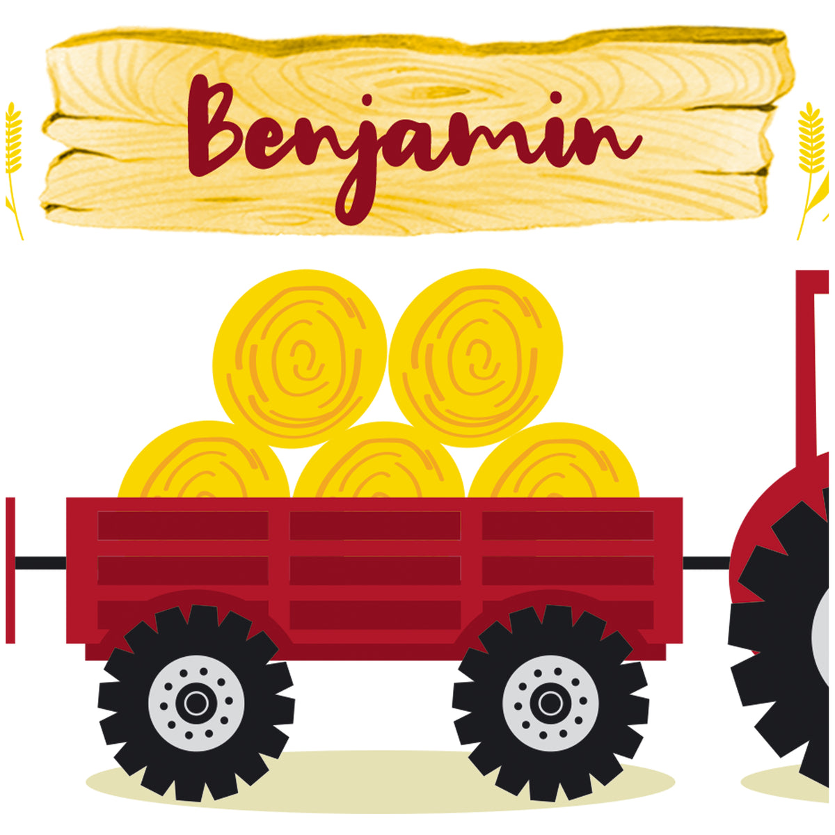 Roter Traktor mit gelben Heuballen auf Anhänger