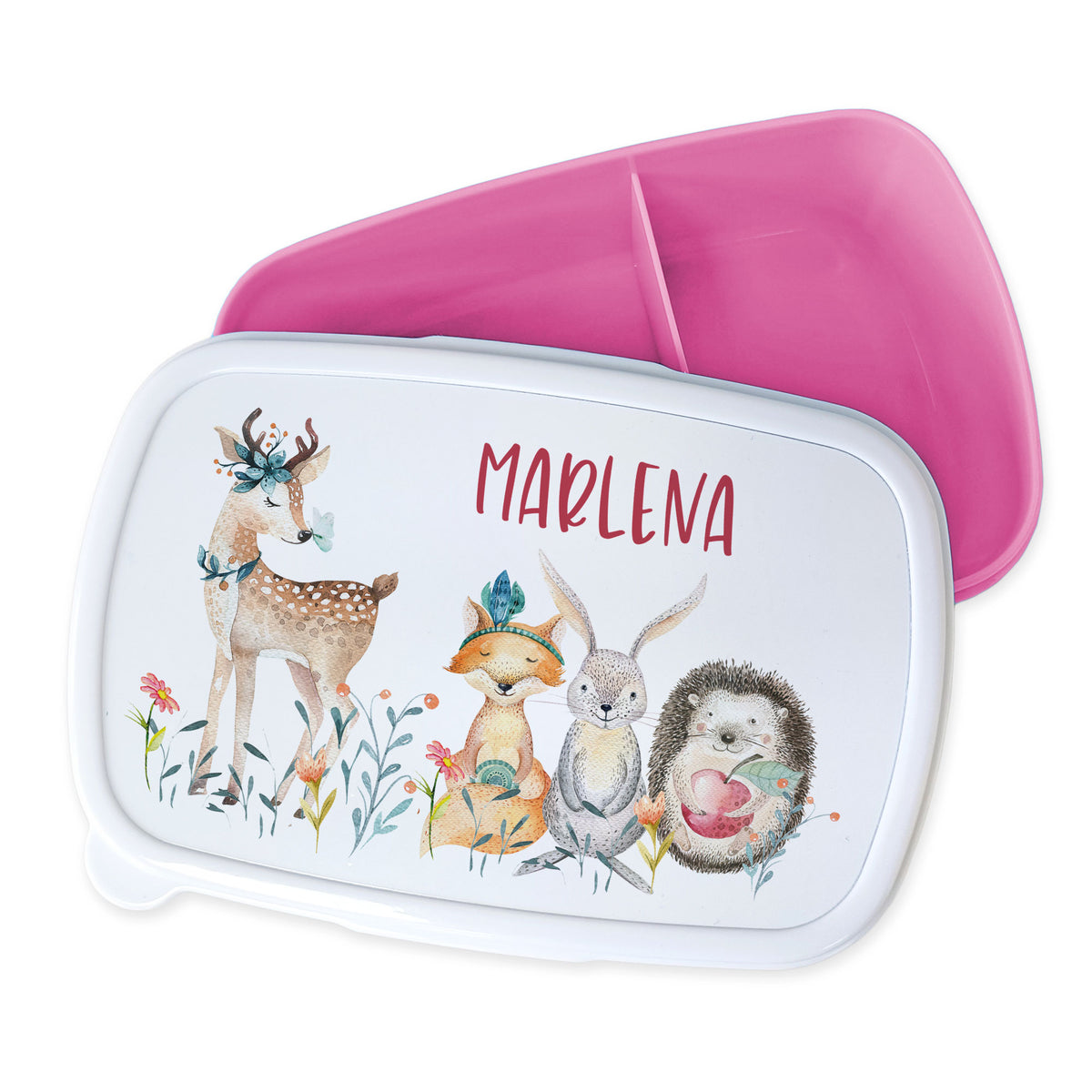 Bento-Box mit Tiermotiven und pinkem Innenleben, personalisiert.