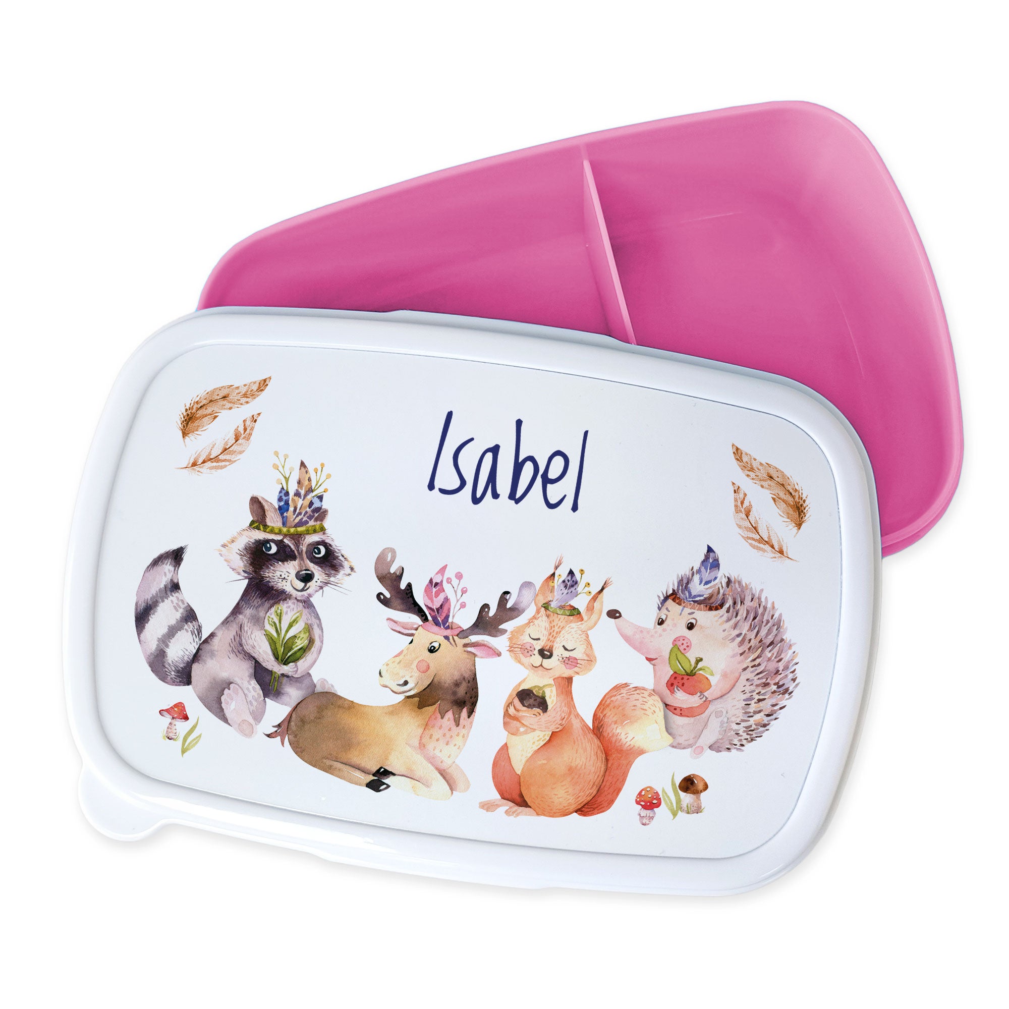 Bento-Box mit Tiermotiven, weiß und pink, personalisiert.
