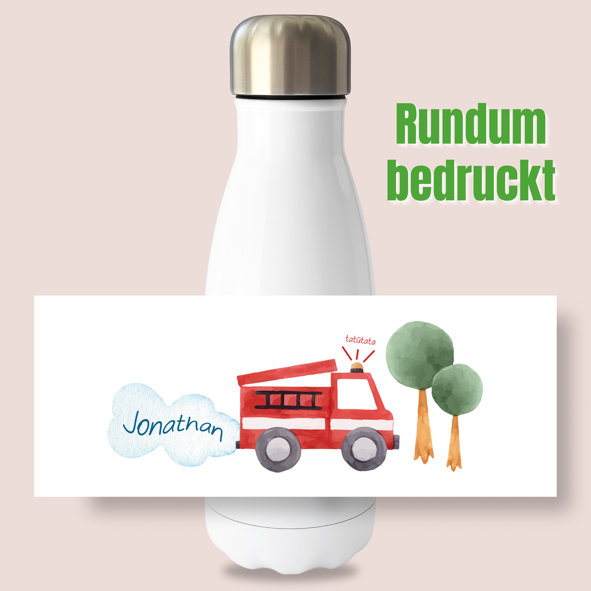 Weiße Trinkflasche mit rotem Feuerwehrwagen und Namen Jonathan.