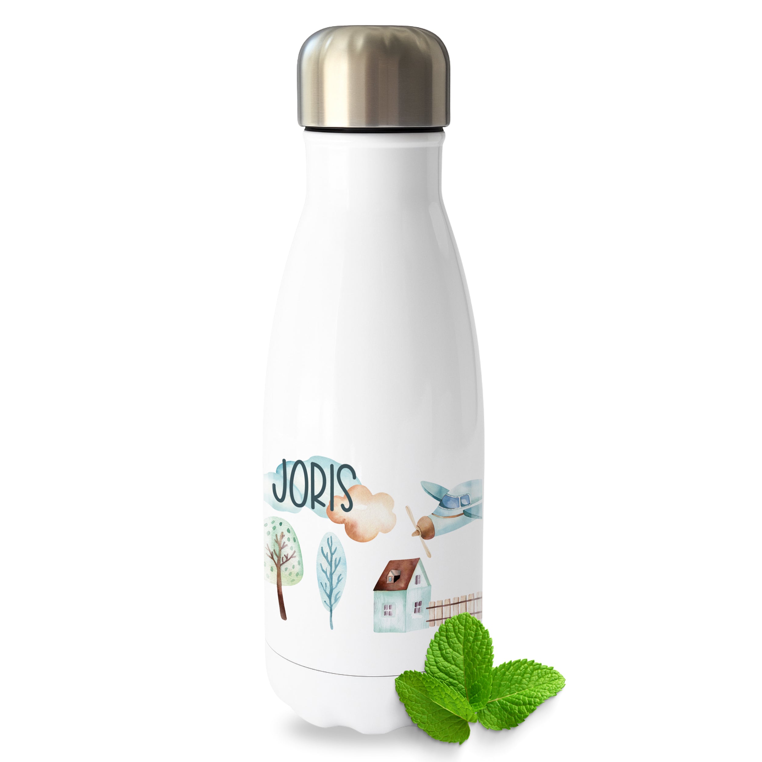Weiße Edelstahl-Trinkflasche mit buntem Design und Namen Joris.