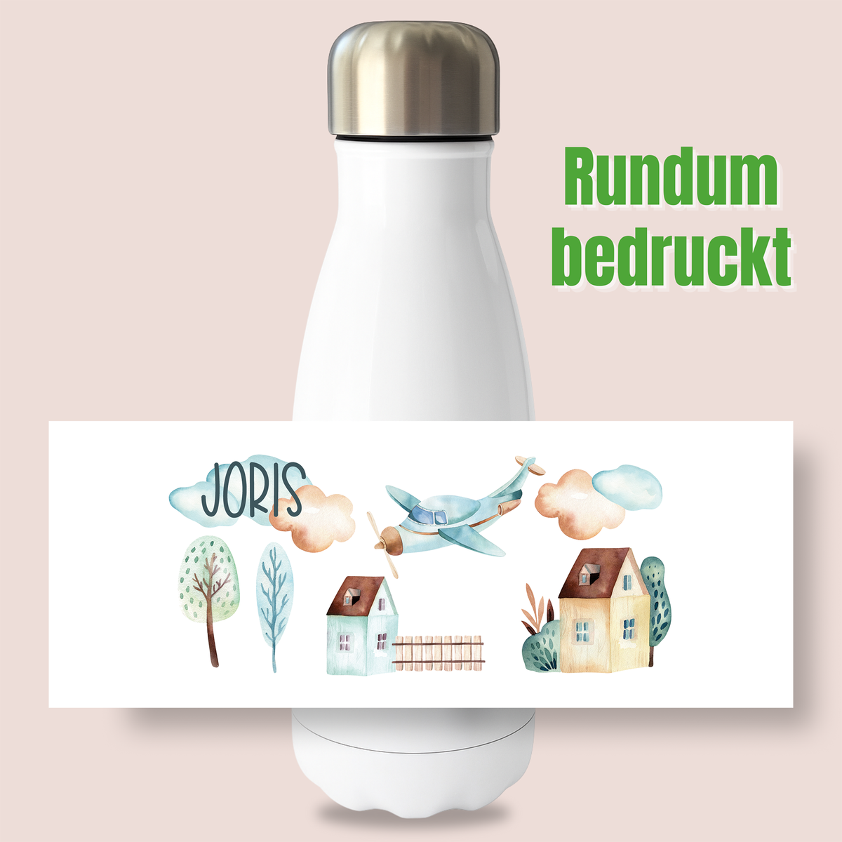 Weiße Trinkflasche mit buntem, rundum bedrucktem Design.