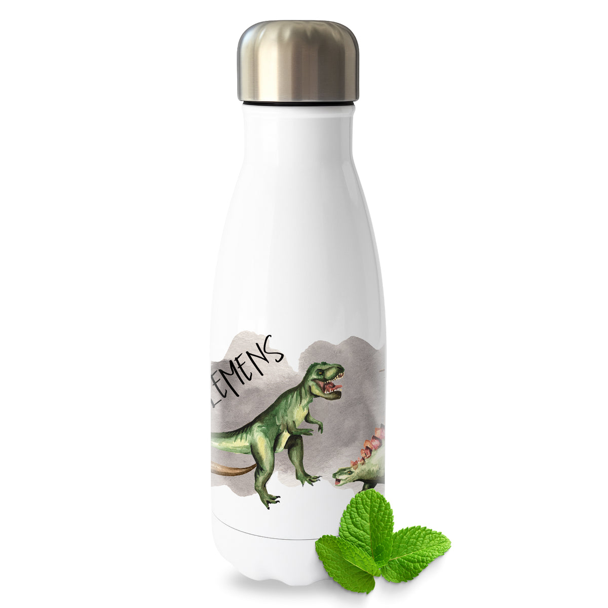 Weiße Trinkflasche mit Dinosaurier-Motiv und silbernem Deckel.