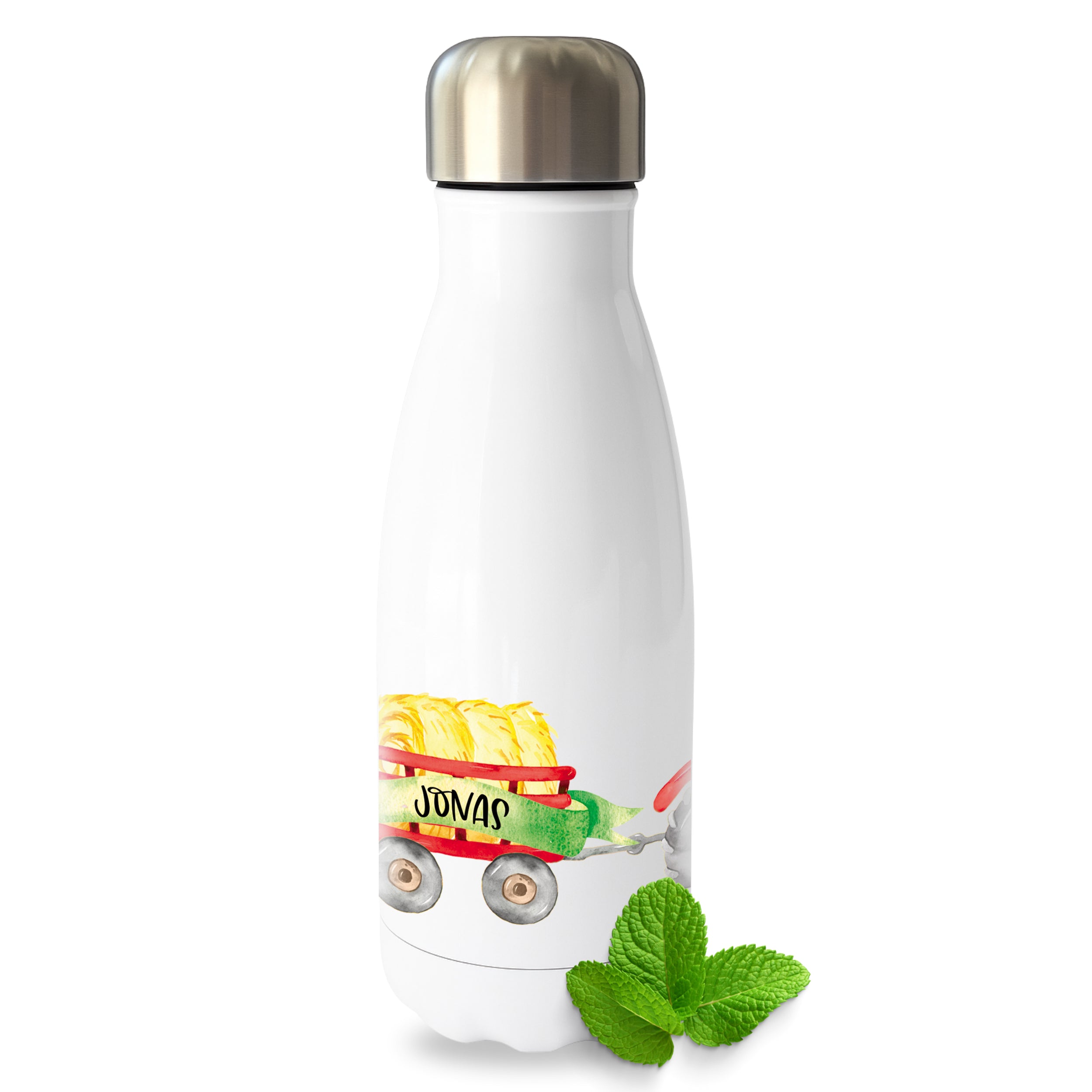 Weiße Edelstahl-Trinkflasche mit buntem Wagen-Design.