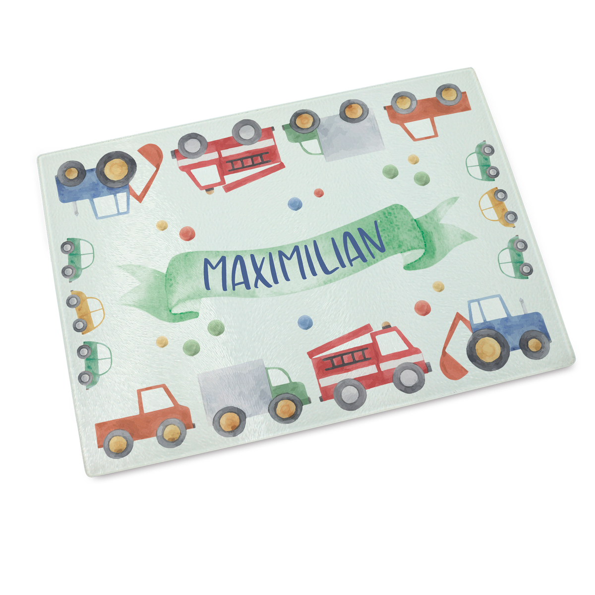 Personalisierte Kindermatte mit bunten Fahrzeugen und Name.
