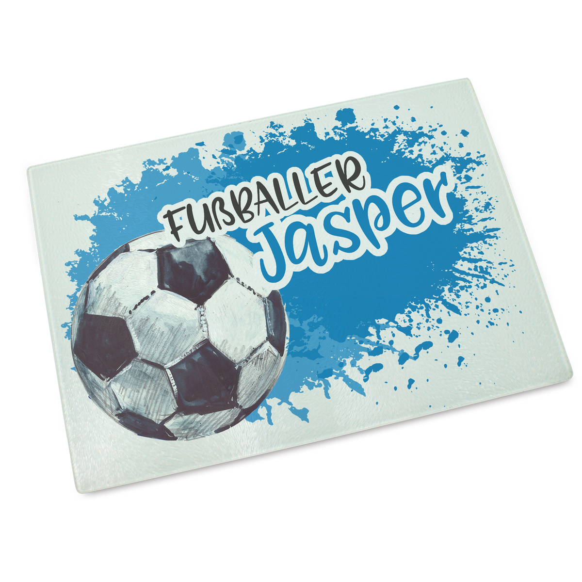 Fußballer Jasper, schwarz-weißer Fußball, blaue Spritzmuster.