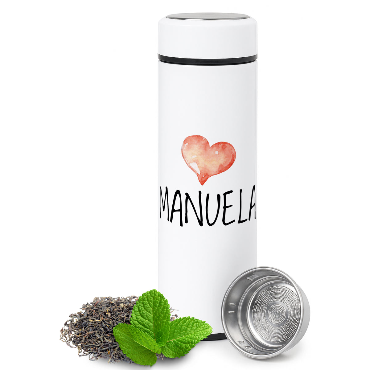 Weiße Thermosflasche mit Herz und dem Namen Manuela.