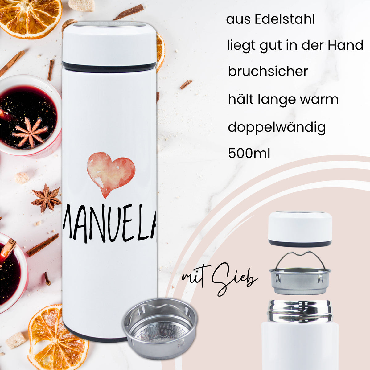 Edelstahl-Trinkflasche 500ml, bruchsicher, doppelwandig, mit Sieb.