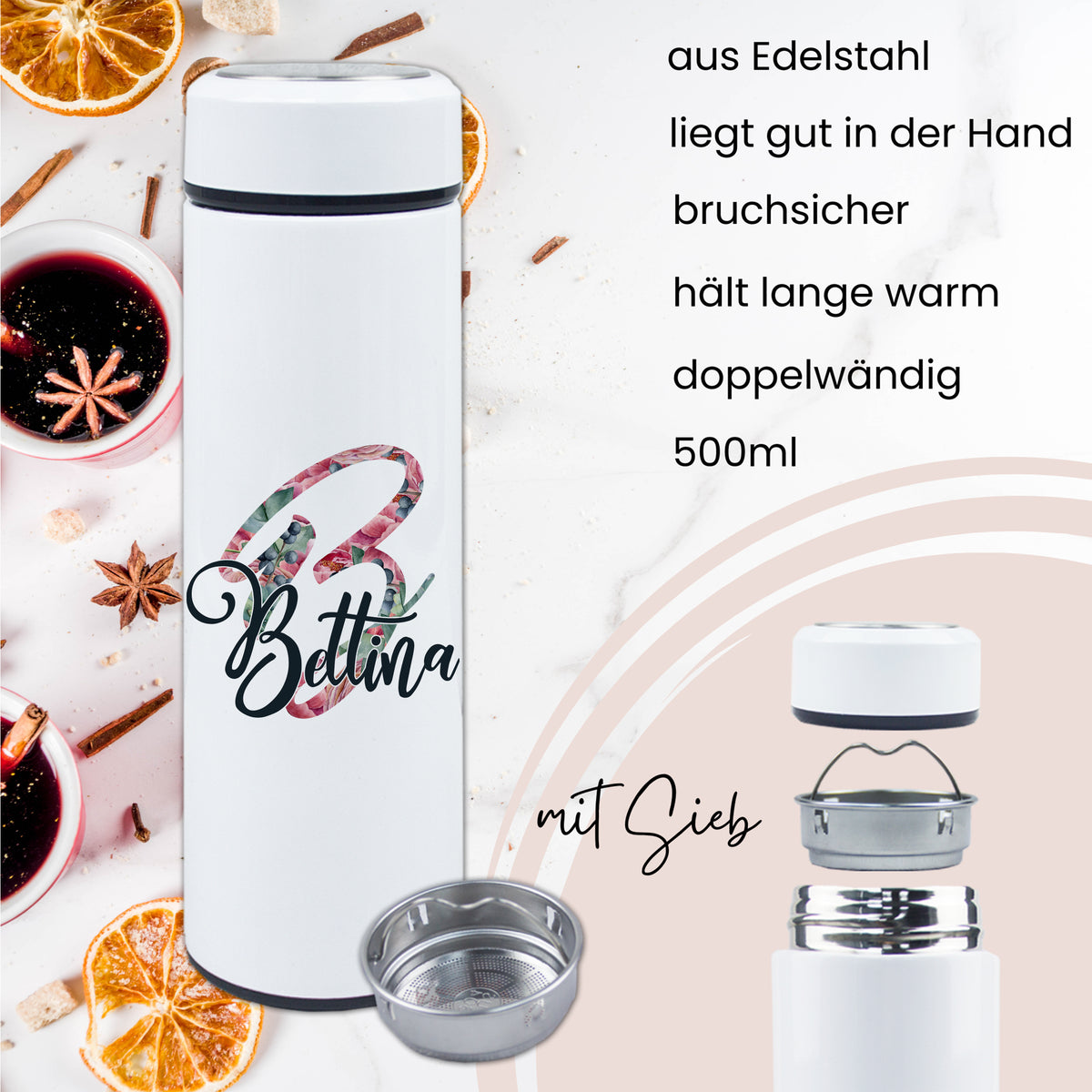 Edelstahl-Wasserflasche, weiß, 500ml, doppelwandig, mit Sieb.