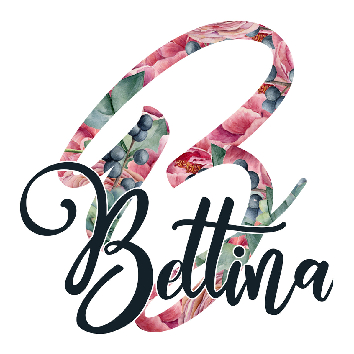 Bunte Blumen-Initialen mit dem Namen Bettina in Schwarz.