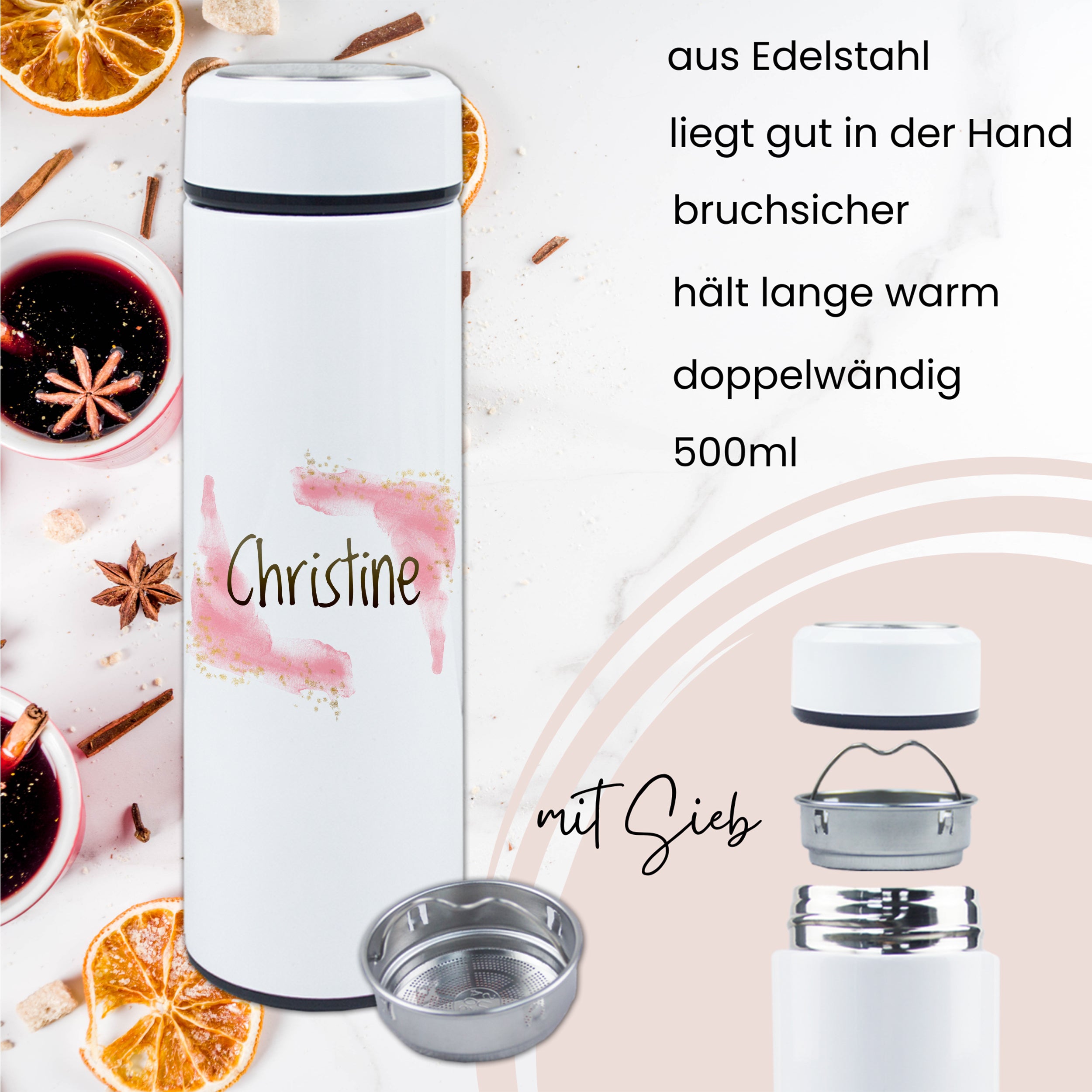 Edelstahl-Wasserflasche, weiß, 500ml, bruchsicher, doppelwandig.