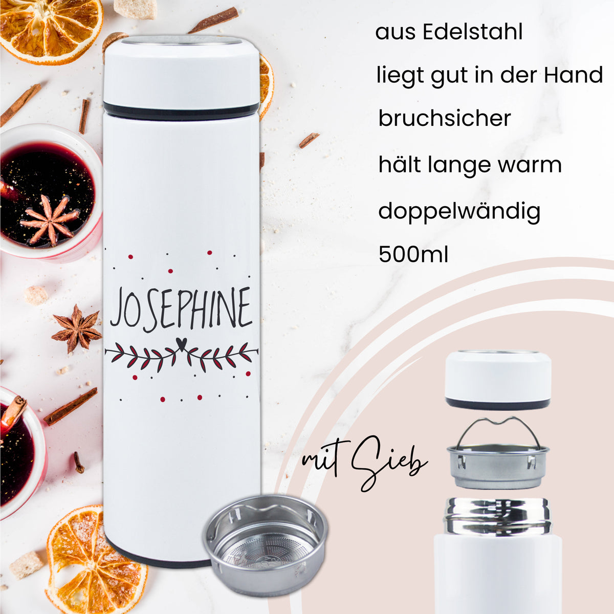 Edelstahl-Wasserflasche 500ml, bruchsicher, doppelwandig, weiß.