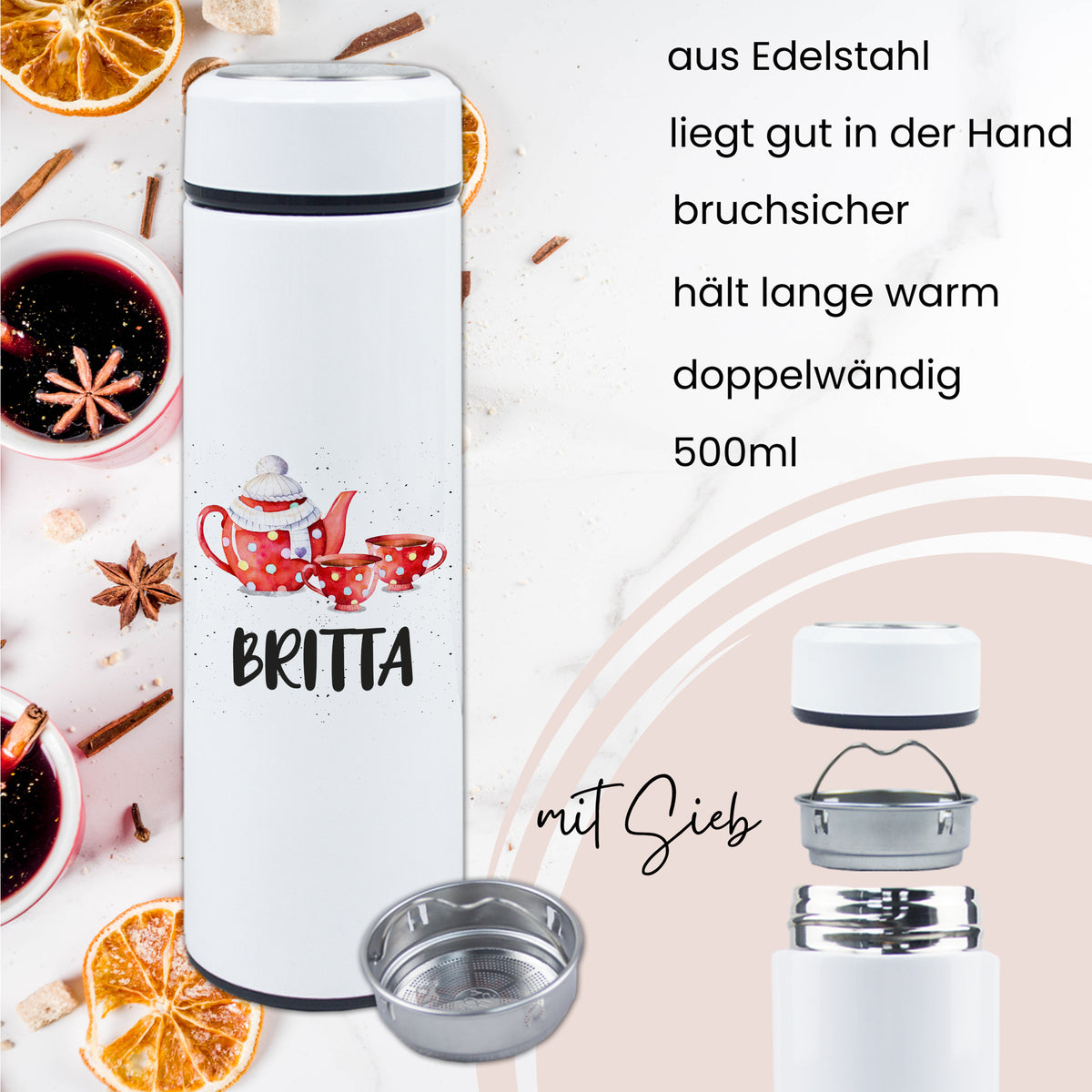 Edelstahl-Thermoskanne, weiß, 500ml, bruchsicher, doppelwandig.