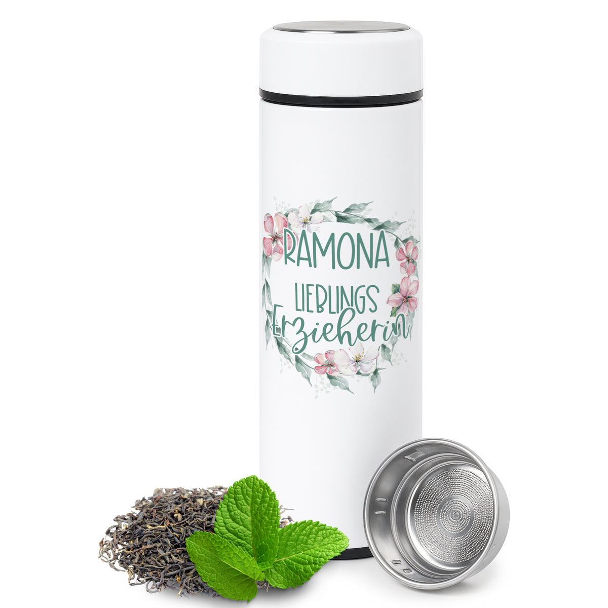 Weiße Thermosflasche mit floralem Design und Teesieb.