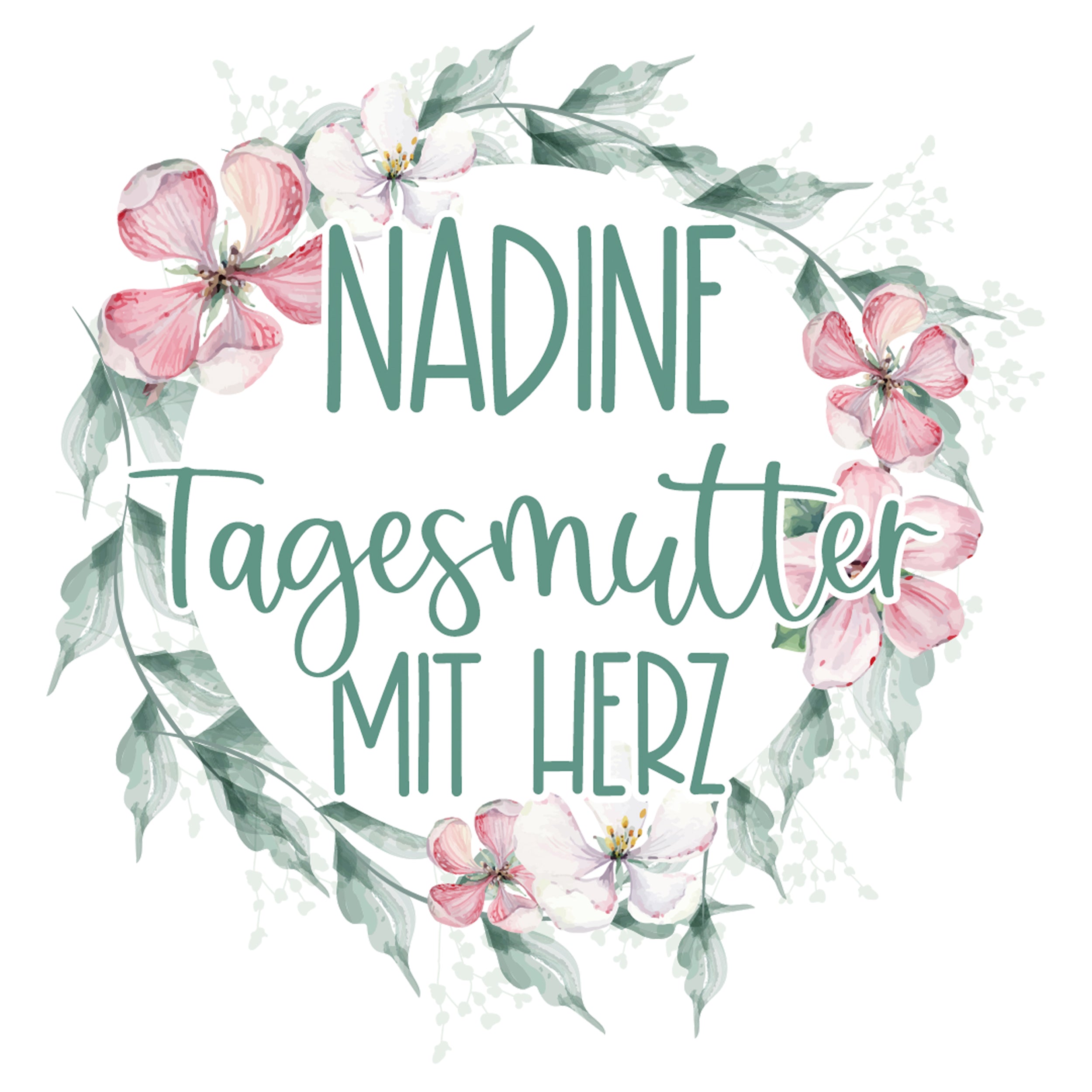 Nadine Tagesmutter mit Herz, florale Gestaltung in Rosa und Grün.