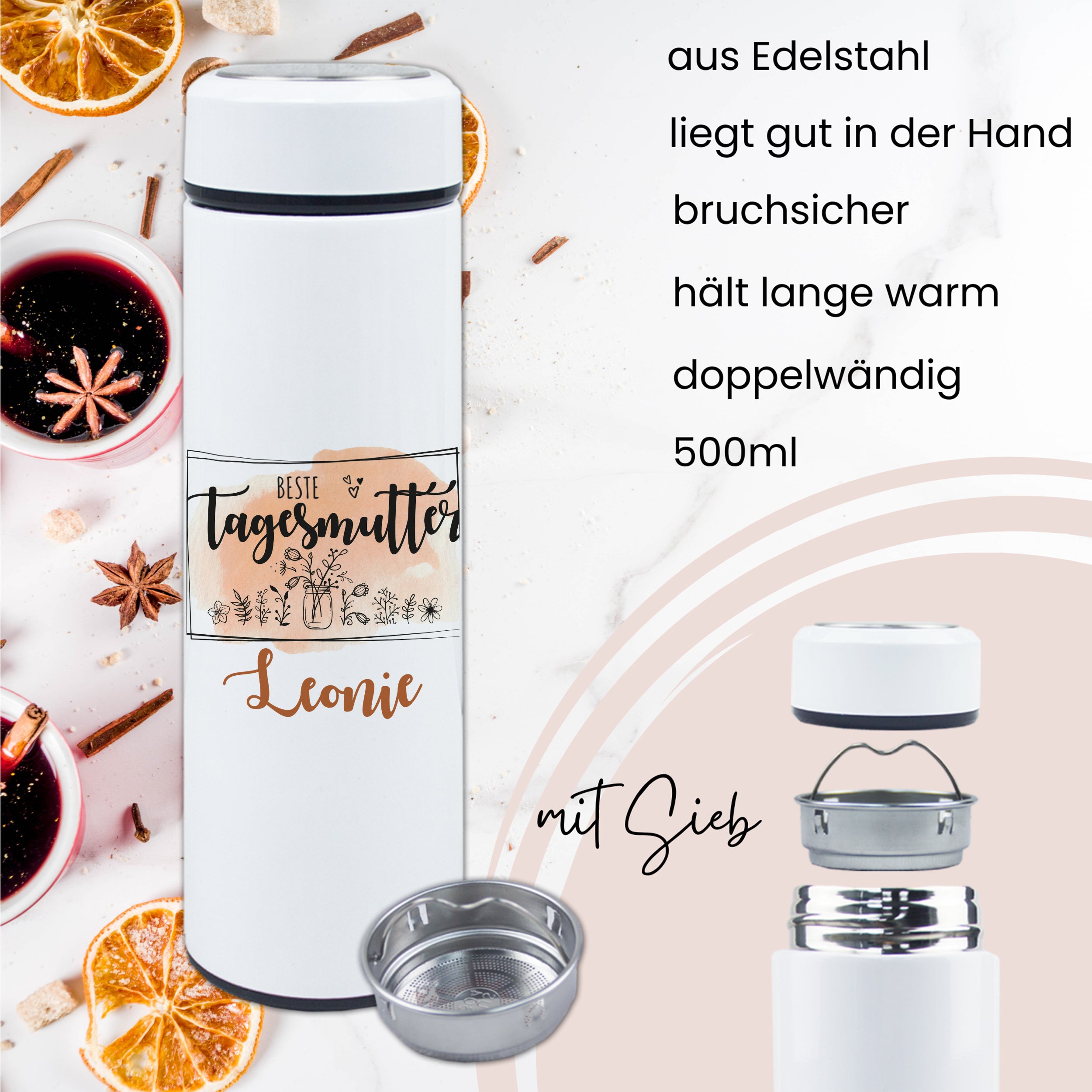Edelstahl-Thermosflasche weiß, 500ml, bruchsicher, mit Sieb.