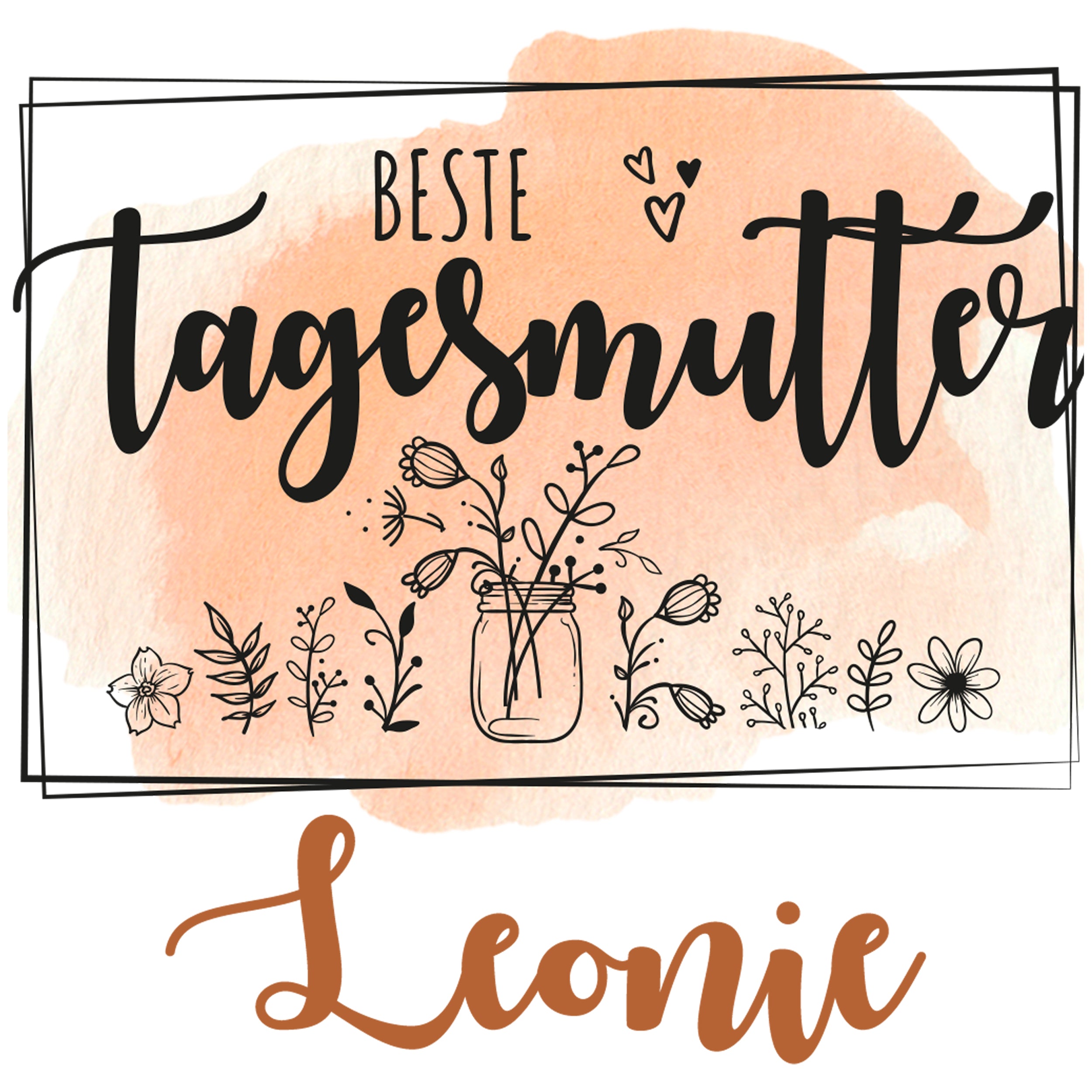 Beste Tagesmutter, florale Illustrationen, orangefarbener Hintergrund, Name Leonie.