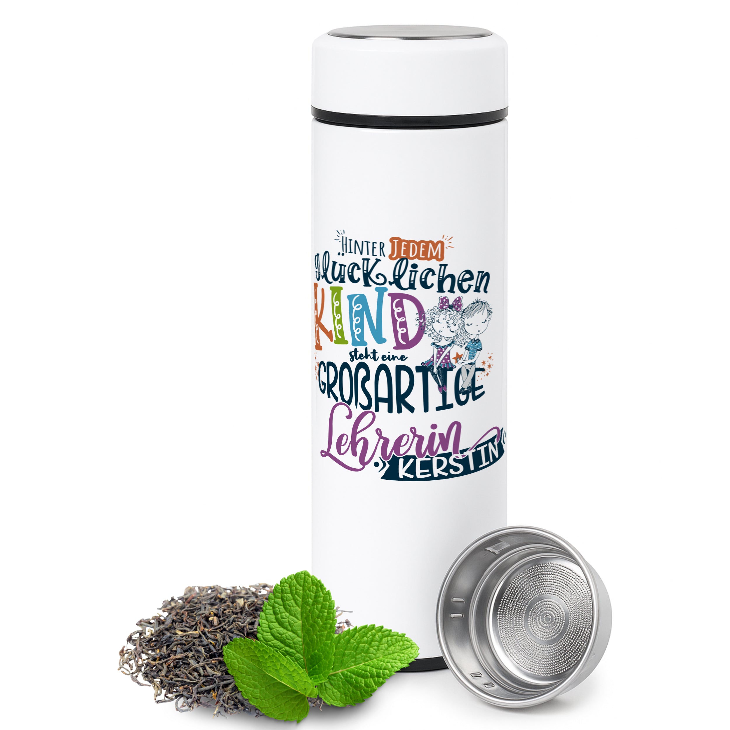 Weiße Thermosflasche mit buntem Lehrerinnen-Design und Teesieb.