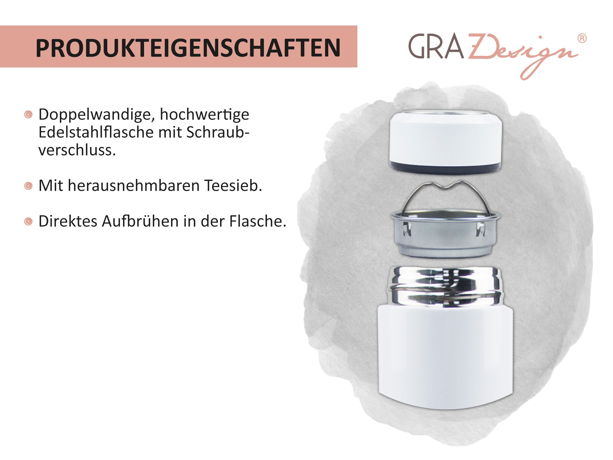 Doppelwandige Edelstahlflasche mit herausnehmbarem Teesieb.
