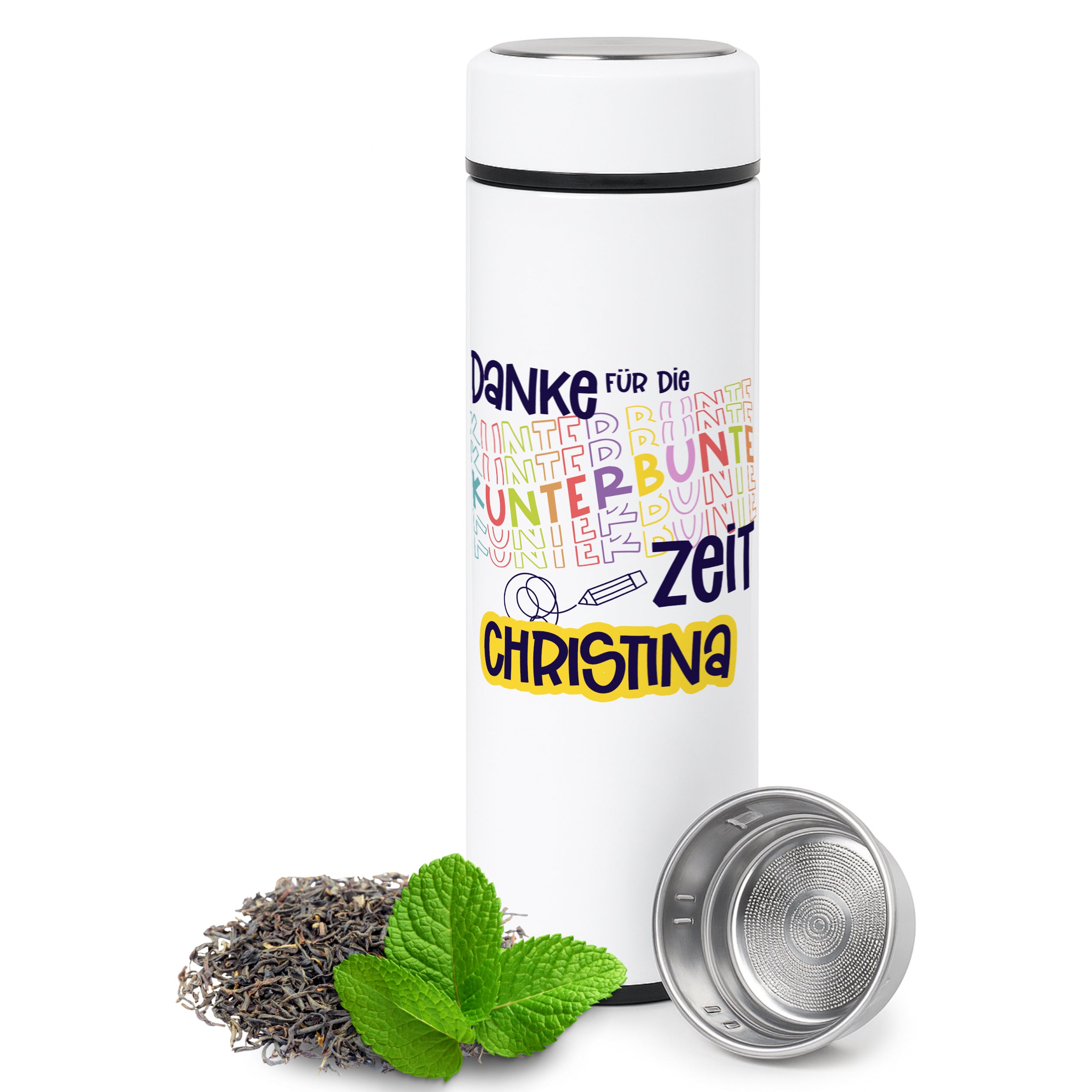 Thermosflasche in Weiß mit buntem Text und Teesieb.
