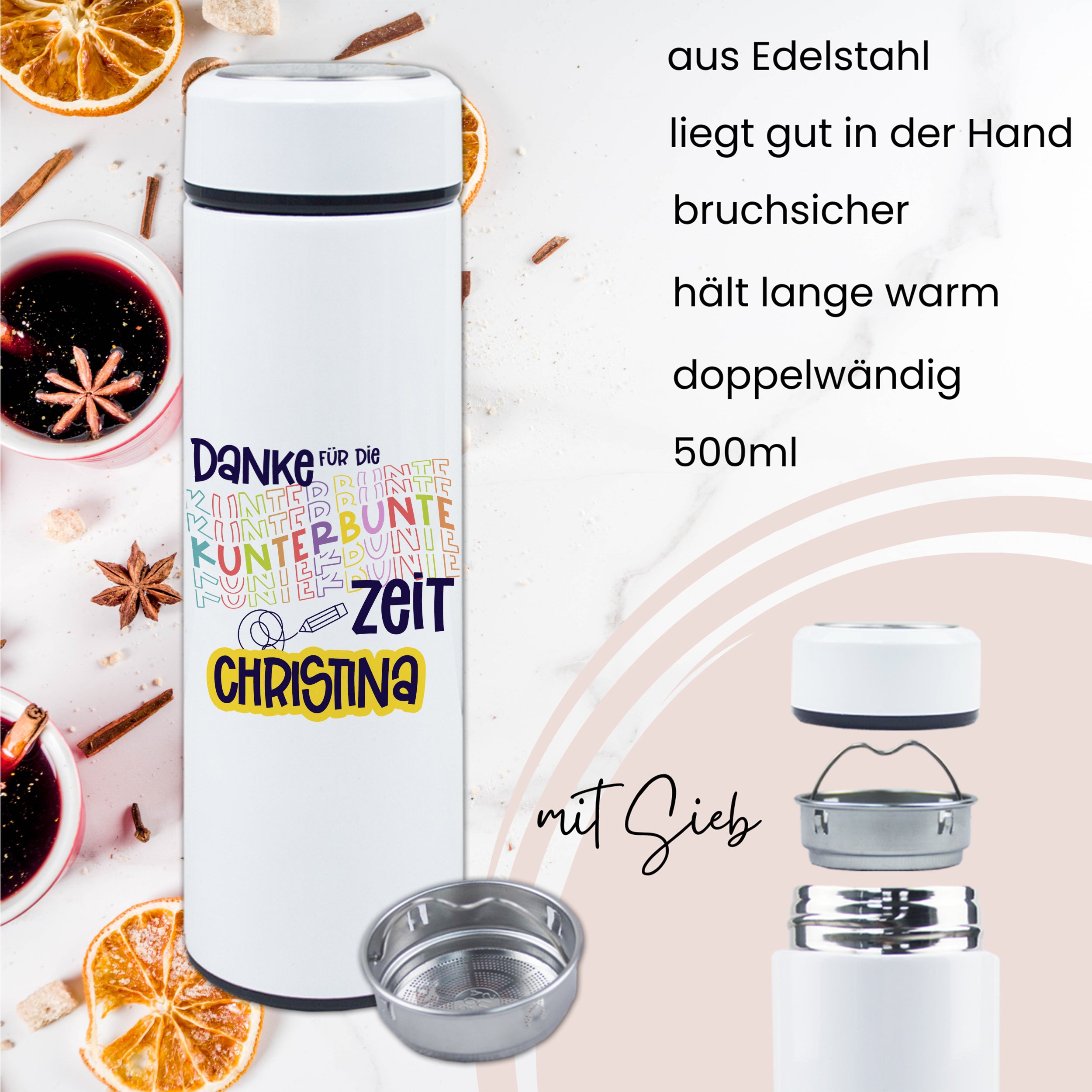 Edelstahl-Wasserflasche, weiß, 500ml, doppelwandig, bruchsicher.