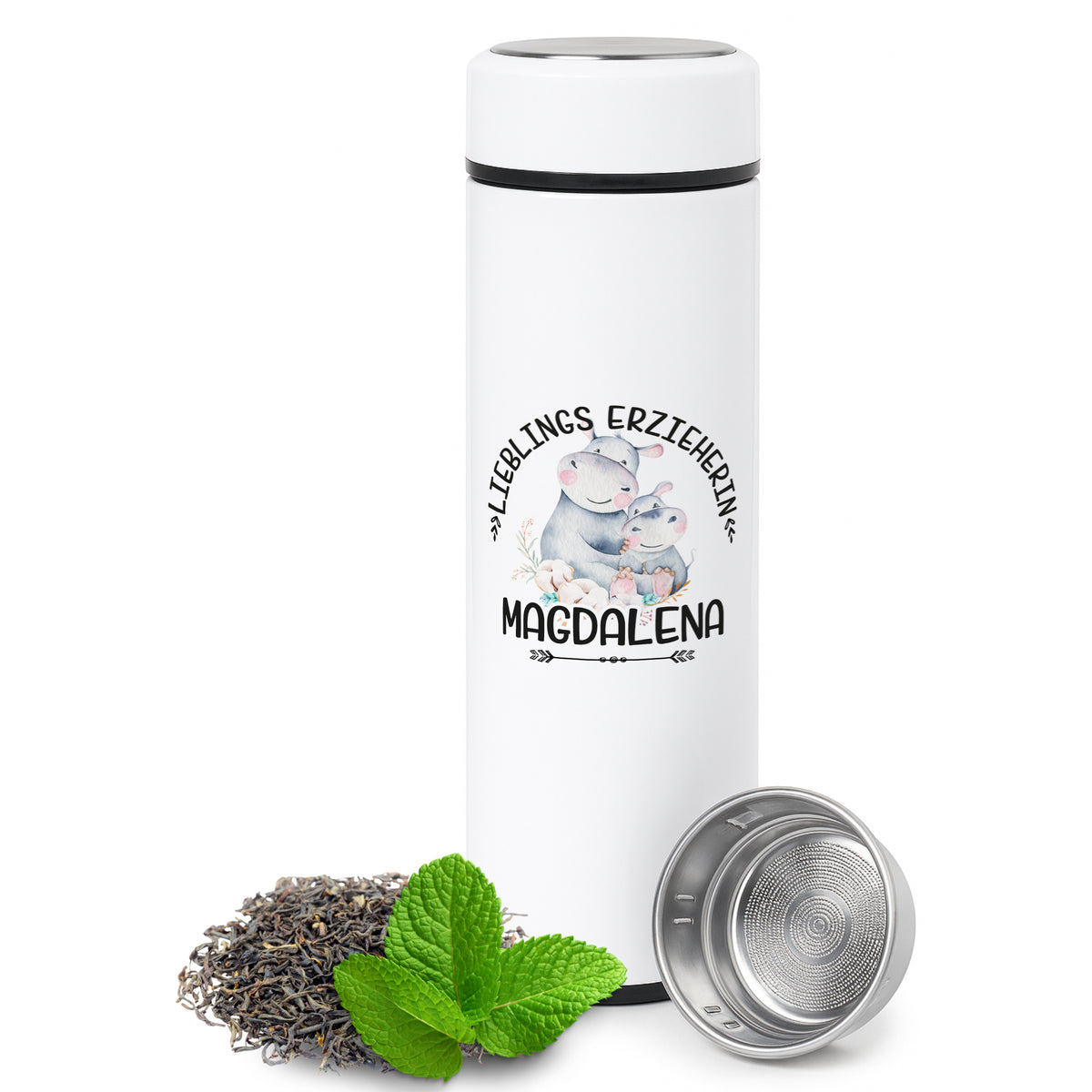Weißer Thermobecher mit Motiv „Lieblings-Erzieherin Magdalena“.
