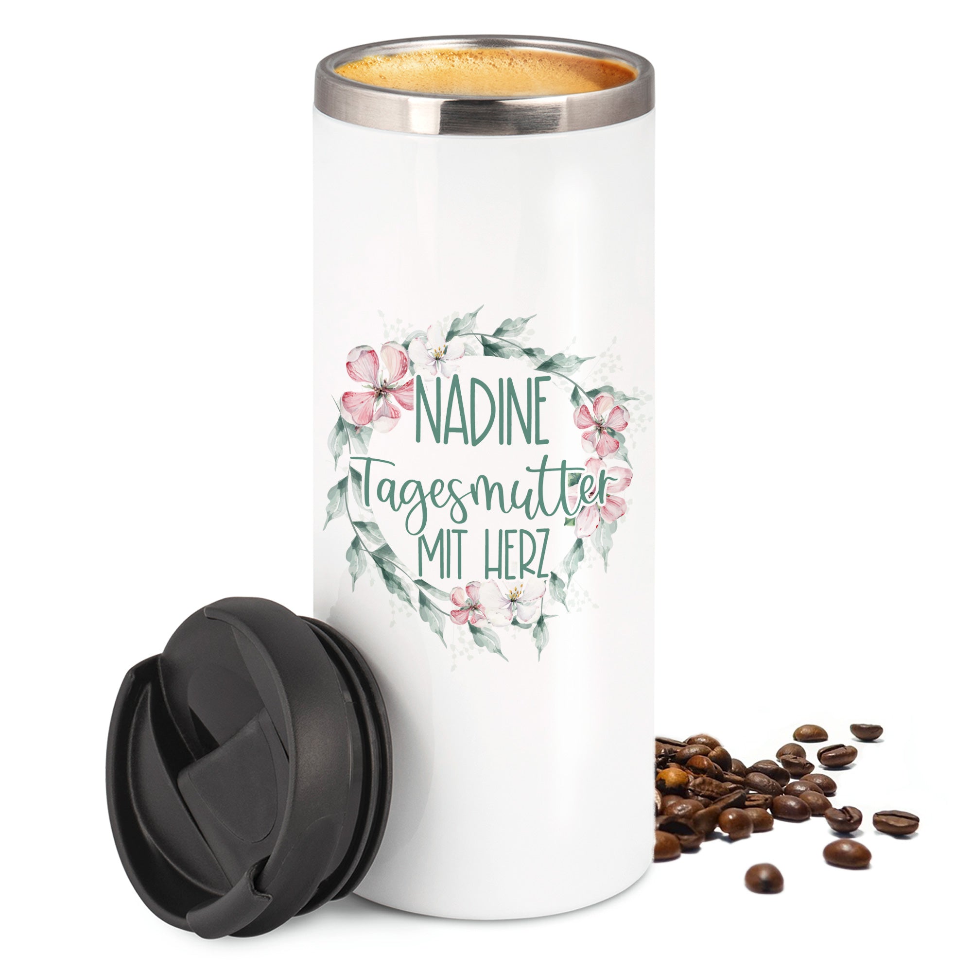 Weißer Thermobecher mit floralem Design und Text.
