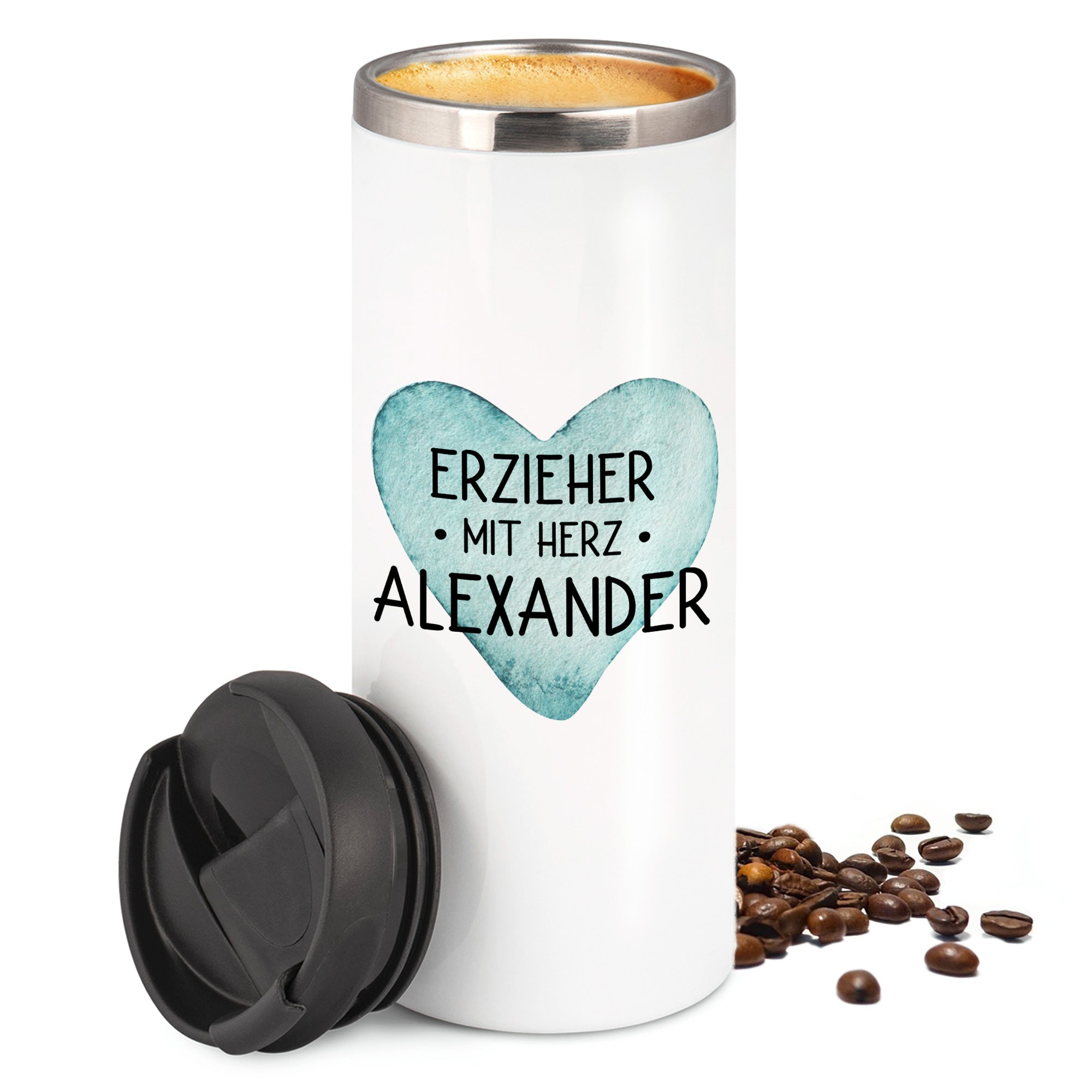Erzieher mit Herz, Weißer Kaffeebecher mit Herzmotiv und personalisiertem Namen.