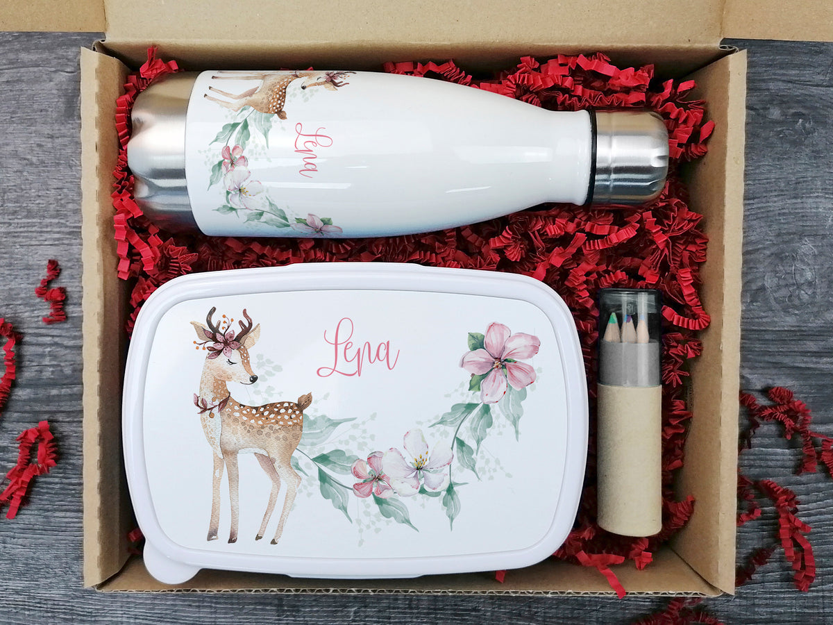 Wasserflasche und Brotdose mit Reh-Motiv und Blumen.
