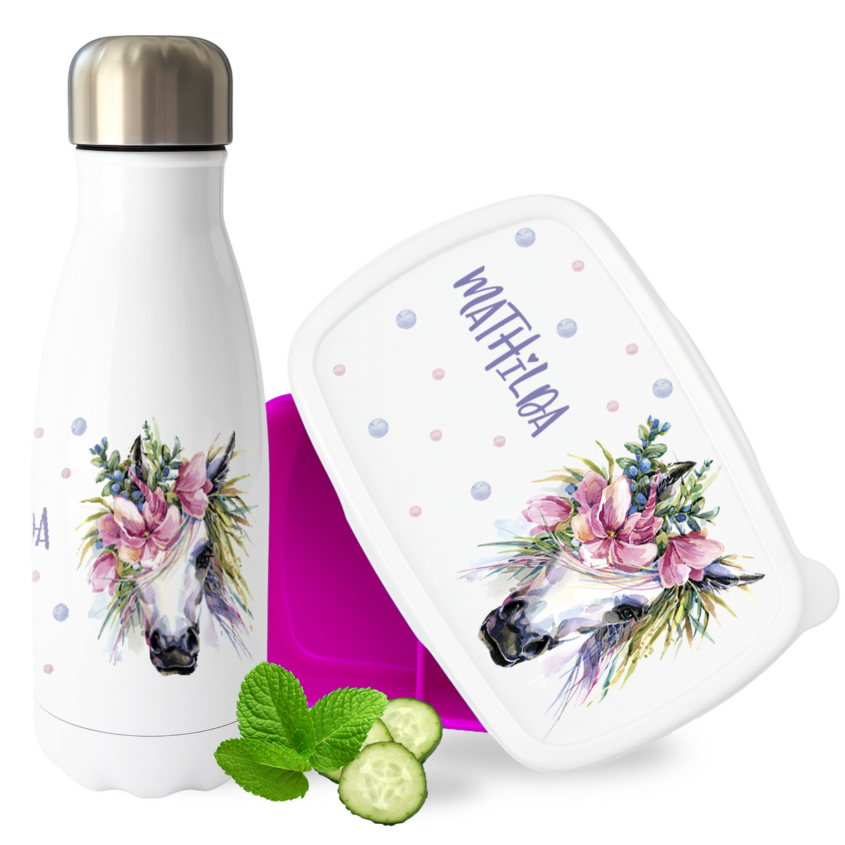 Weiße Edelstahlflasche und bunte Lunchbox mit Pferdemotiv.