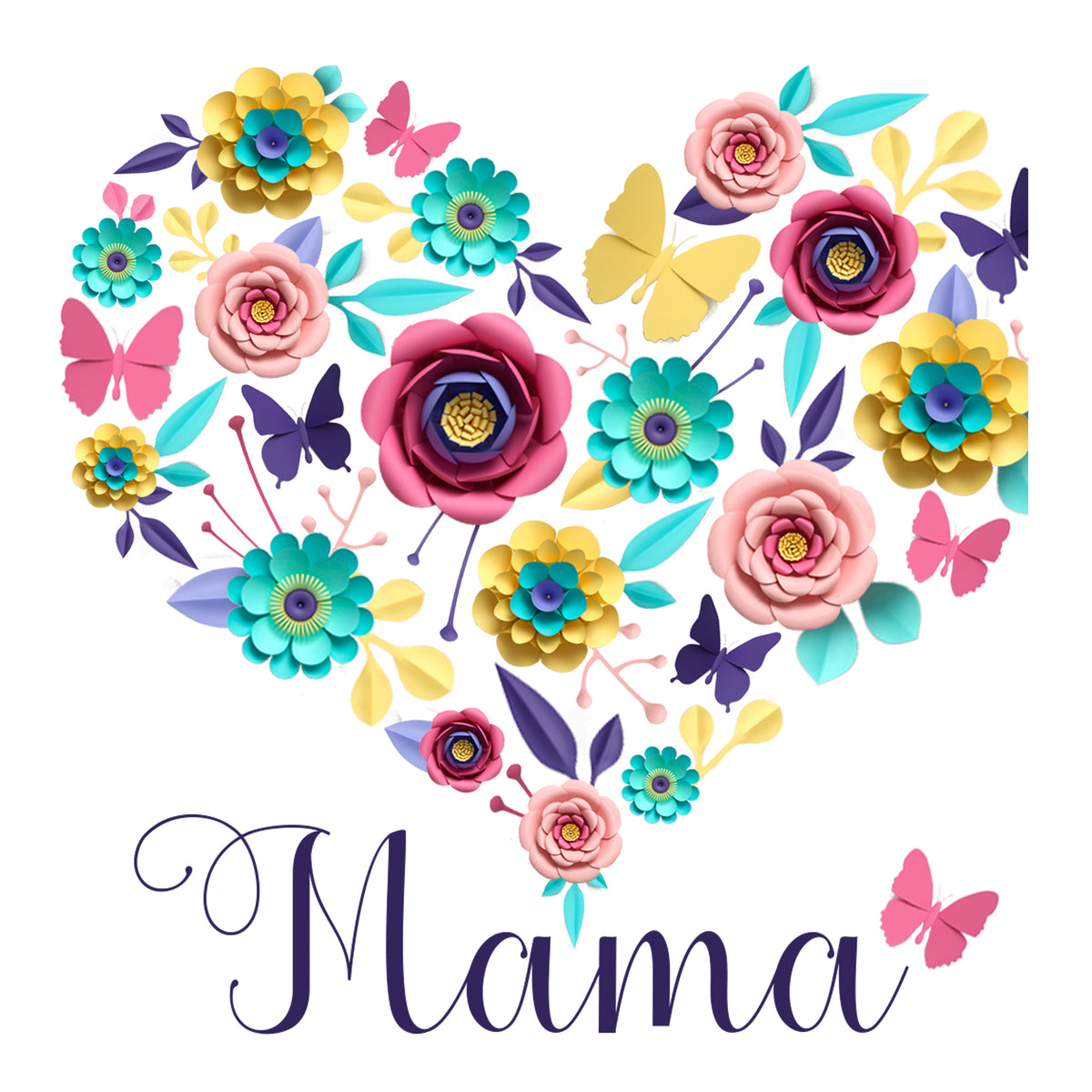 Herz aus bunten Blumen und Schmetterlingen mit "Mama".