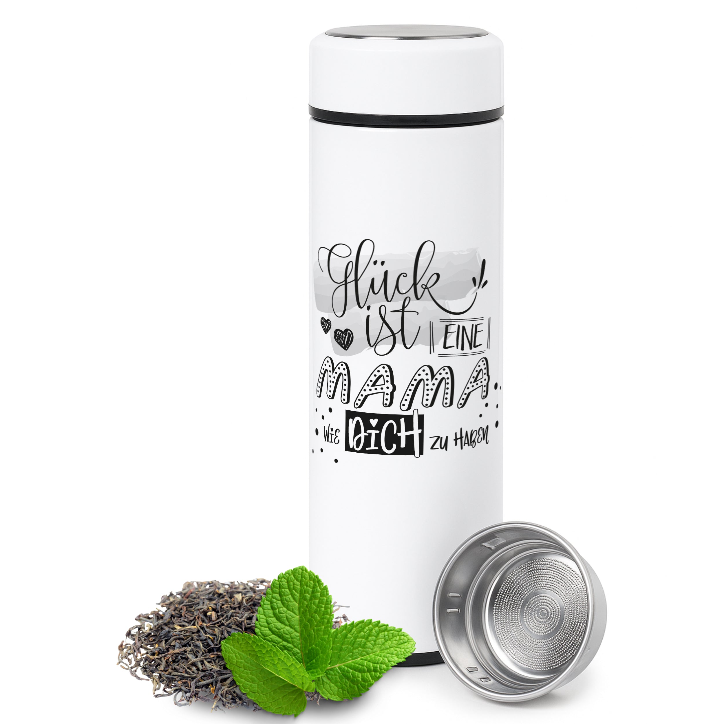 Weiße Thermosflasche mit Aufdruck "Glück ist eine Mama" und Teesieb.