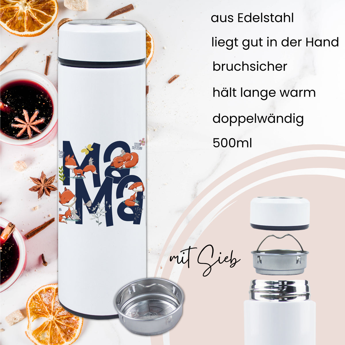 Edelstahl-Thermo-Trinkflasche, weiß, 500ml, doppelwandig, bruchsicher.
