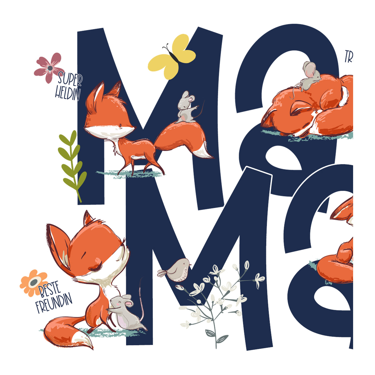 Fuchs-Illustration mit bunten Blumen und Schmetterlingen.