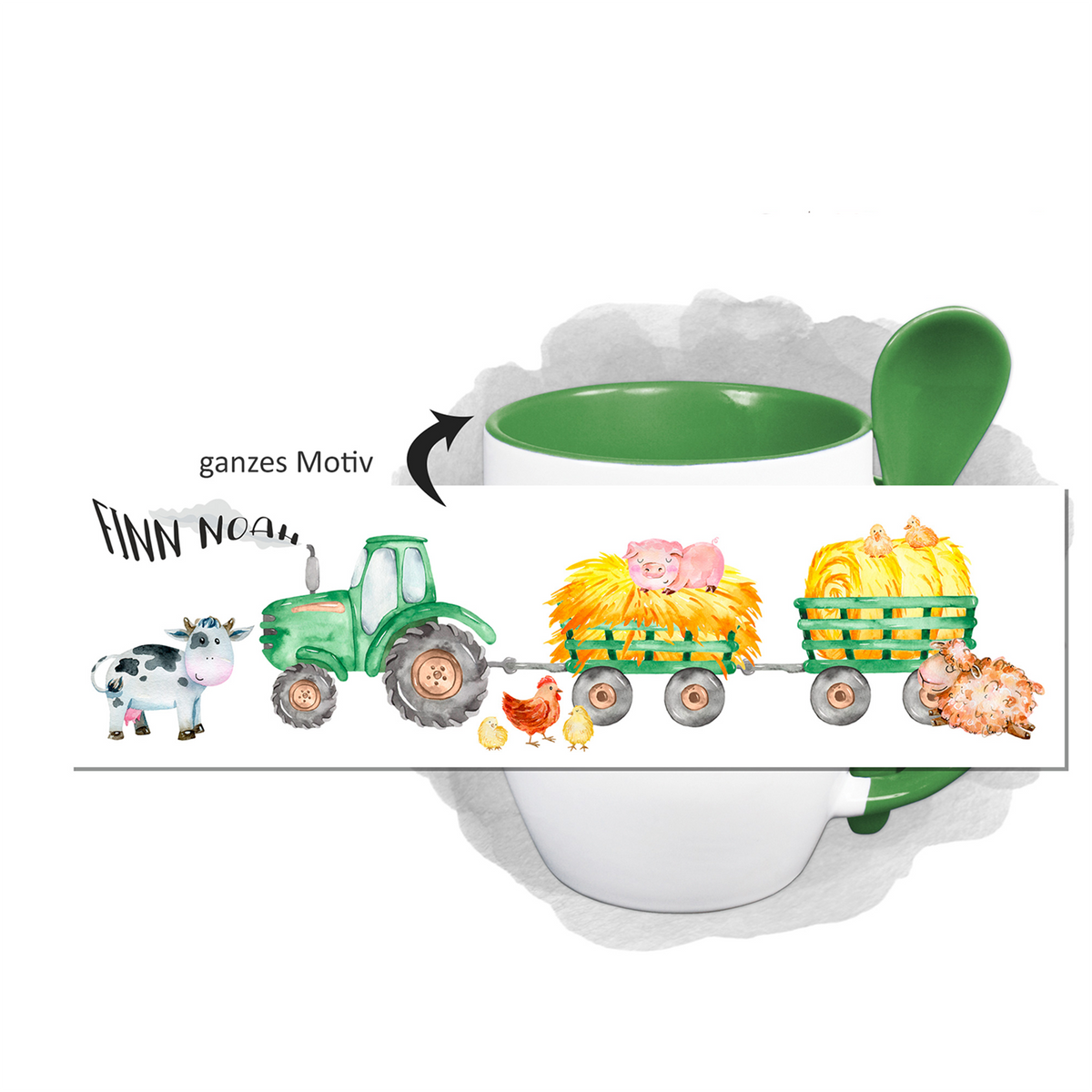 Grüne Tasse mit Traktor, Tieren und Heuwagen-Motiv.