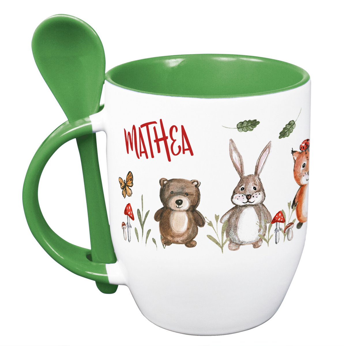 Tasse mit grünem Henkel, Tiermotiven und dem Namen "Mathea".
