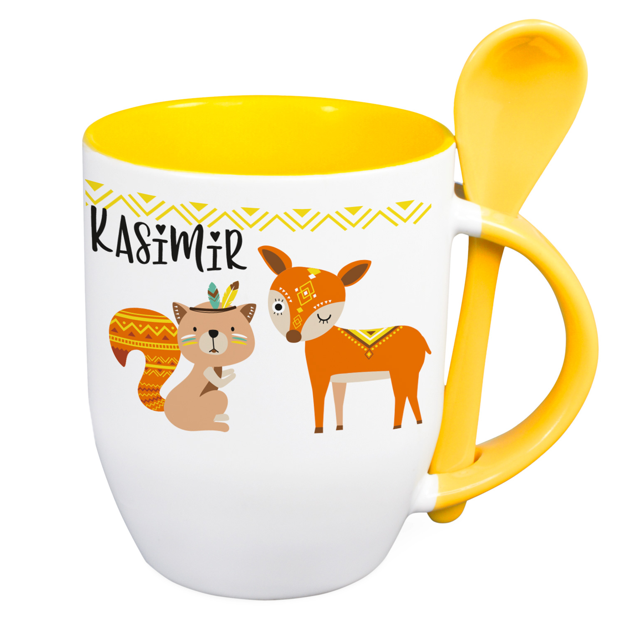 Tasse mit gelbem Henkel, Fuchs- und Reh-Motiv.