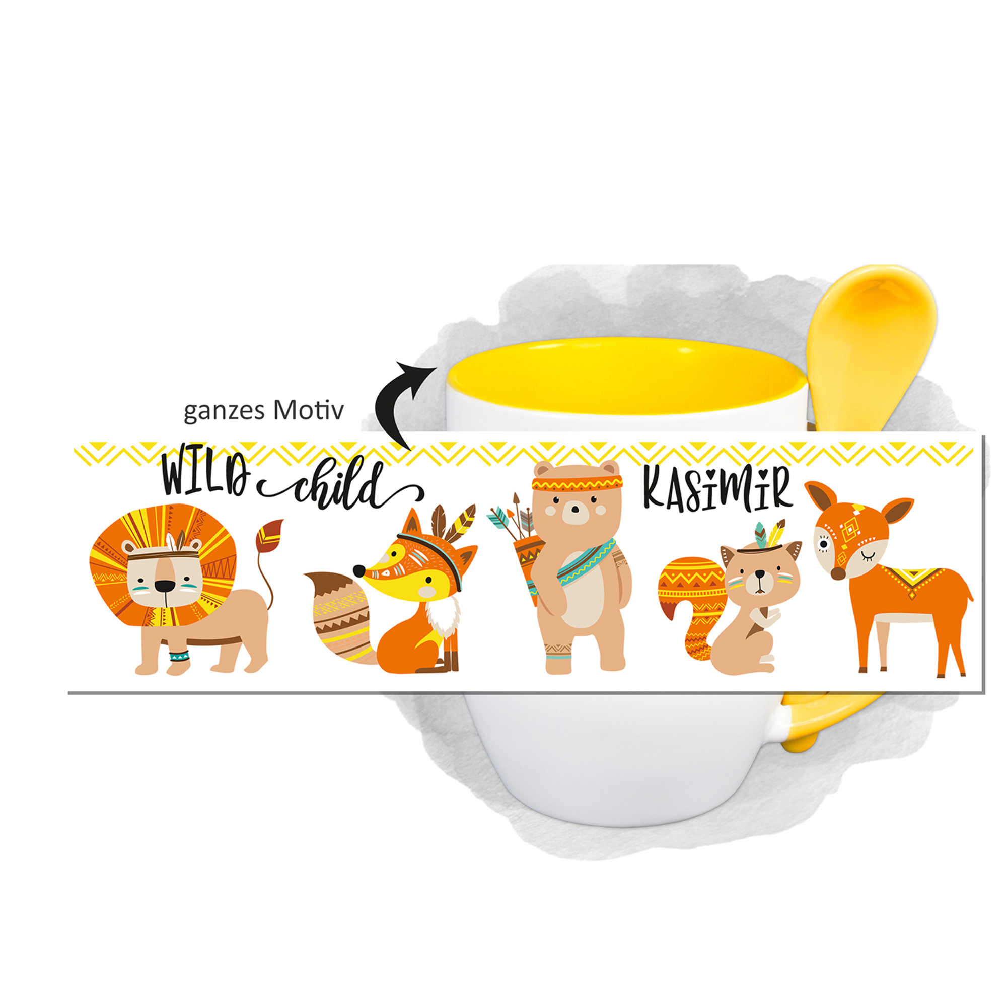 Tasse mit buntem Tiermotiv und gelbem Innenleben.