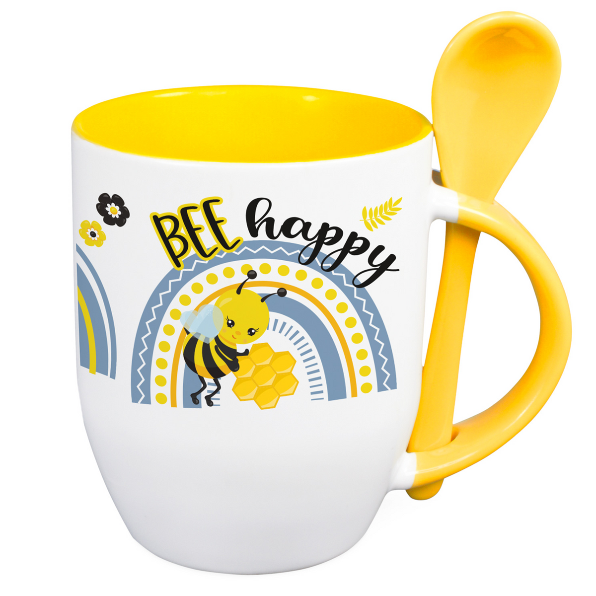 Bunte Tasse mit Bienenmotiv und Löffel, gelb-weiß.