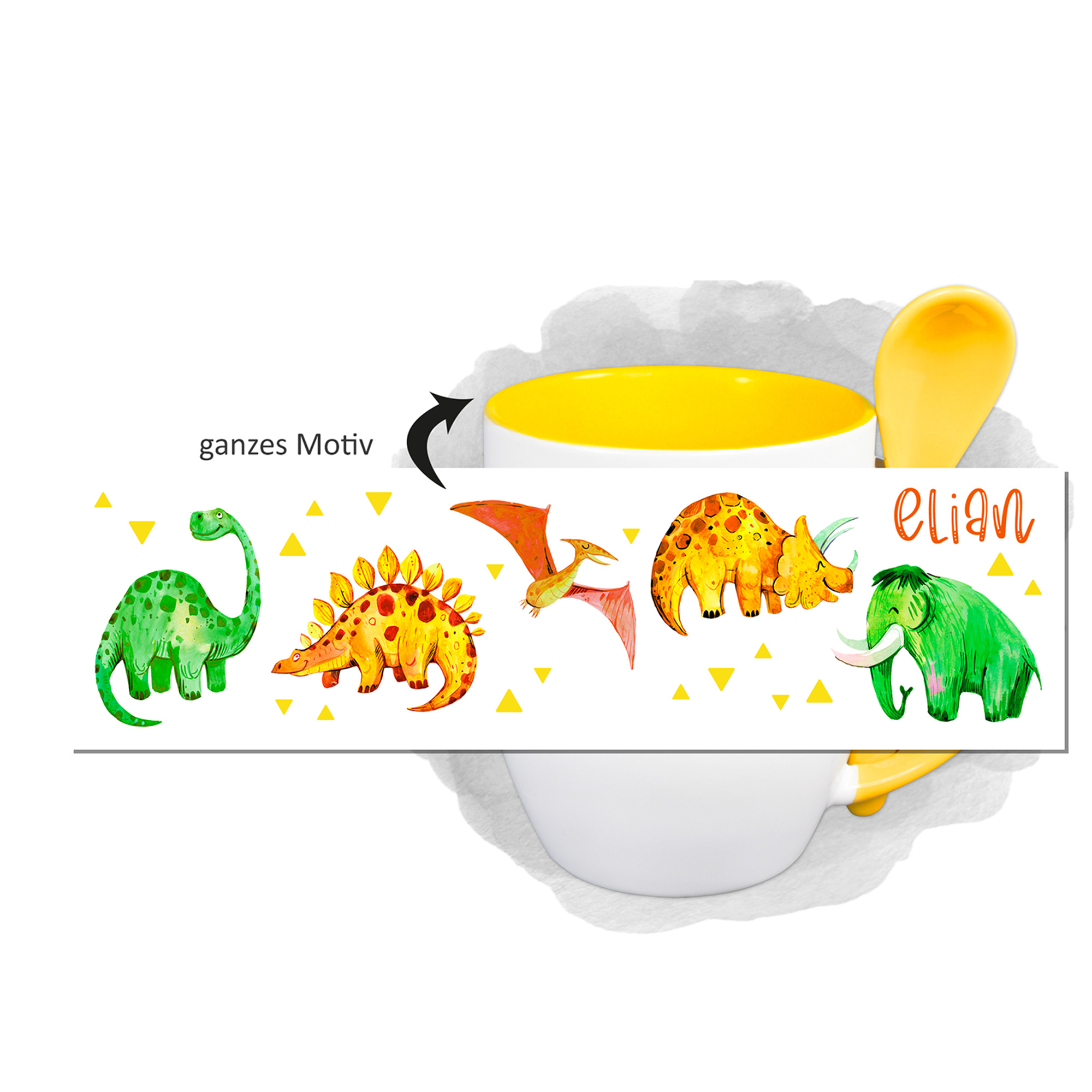 Tasse mit bunten Dinosauriern und gelbem Henkel.