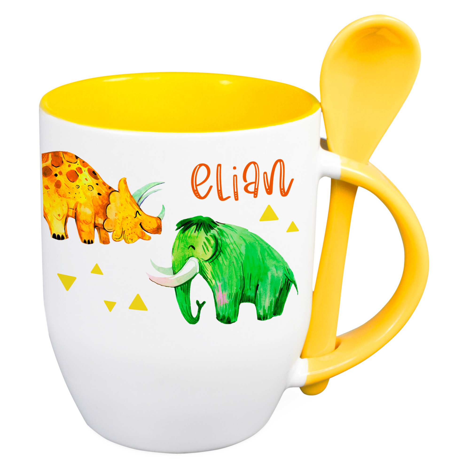 Tasse mit gelbem Innenraum, Dinosaurier-Motiv und Löffel.